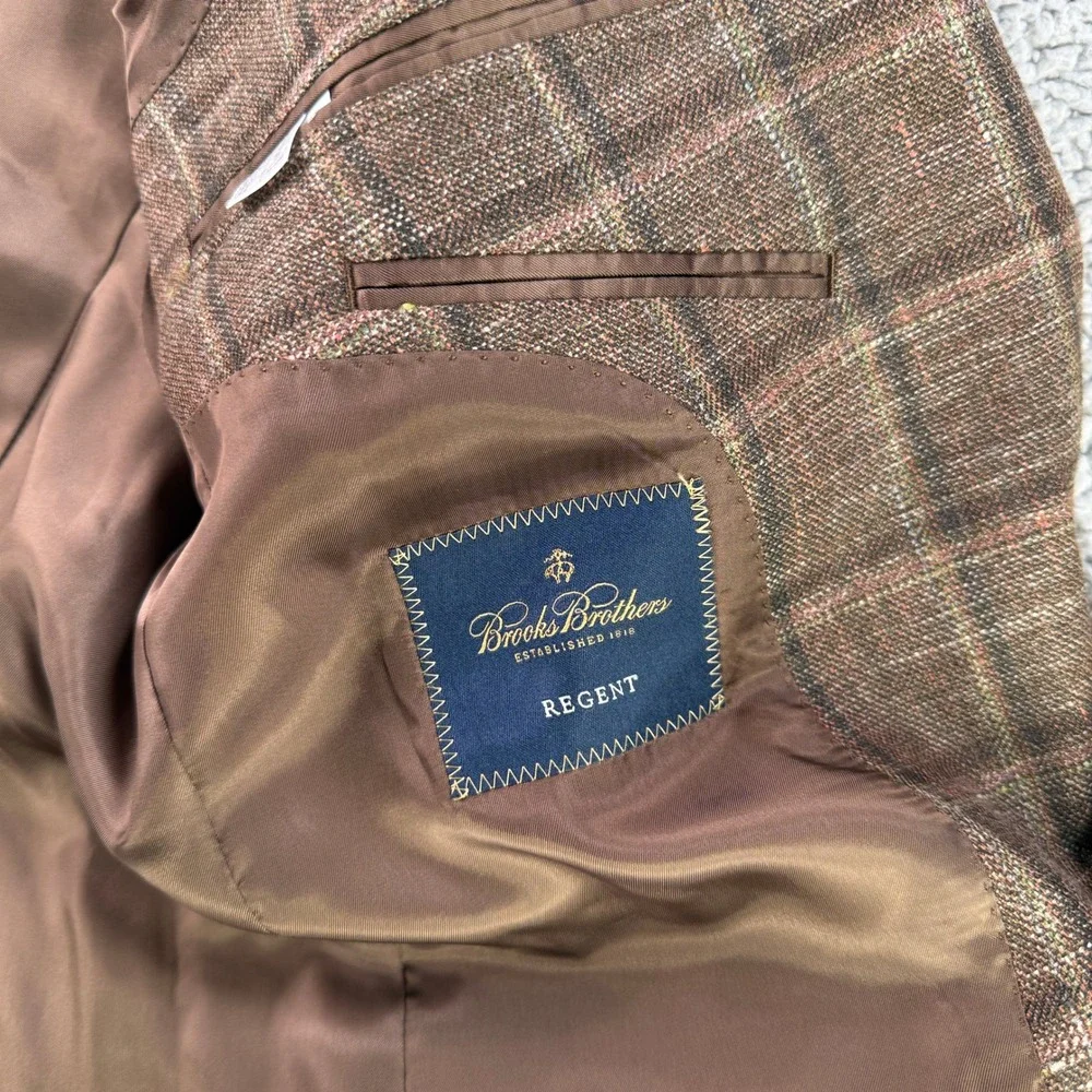 Brooks Brothers Sport Coat Mens 42L Brown Regent Plaid Wool Silk Linen E. Thomas
